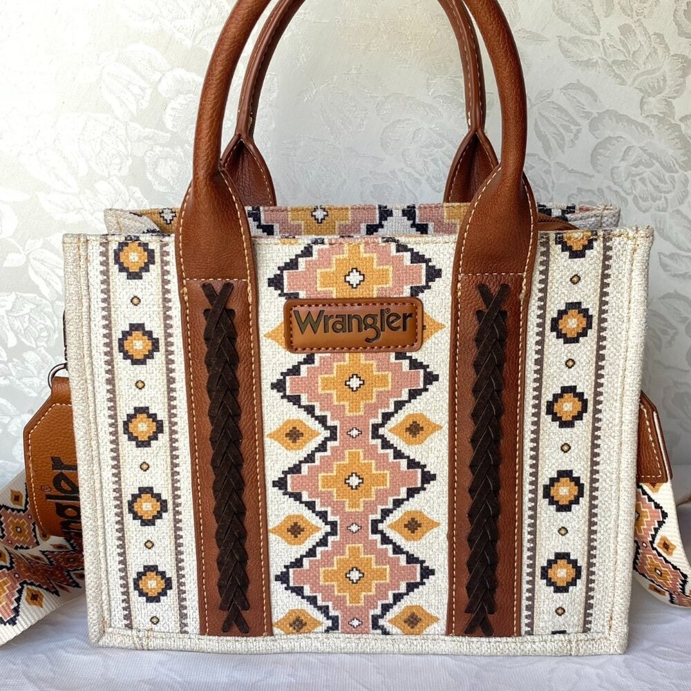 Wrangler Southwestern Aztec Print Purse Canvas Tote Crossbody White